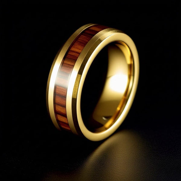Royal Series - REDWOOD BAND RING - Pure Stainless Steel Men’s Gold-Plated Brown Strip Ring – Statement Luxury Jewelry (Size : 17-19-22-24-27)