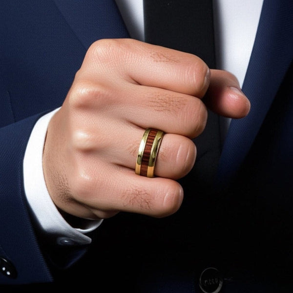 Royal Series - REDWOOD BAND RING - Pure Stainless Steel Men’s Gold-Plated Brown Strip Ring – Statement Luxury Jewelry (Size : 17-19-22-24-27)