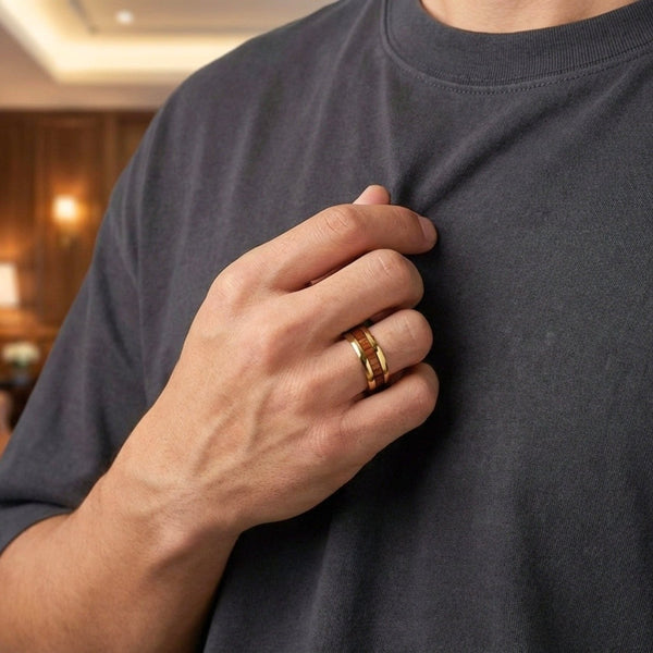 Royal Series - REDWOOD BAND RING - Pure Stainless Steel Men’s Gold-Plated Brown Strip Ring – Statement Luxury Jewelry (Size : 17-19-22-24-27)