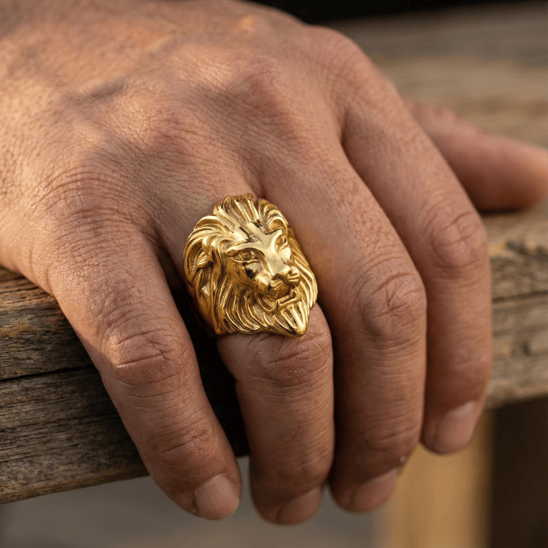 THE MEN THING Rings Royal Series - REGAL LION KING RING - Pure Stainless Steel Men’s Gold-Plated Ring – Statement Luxury Jewelry (Size :16-18-20-24-25-26-27-30-31 )