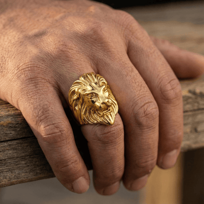THE MEN THING Rings Royal Series - REGAL LION KING RING - Pure Stainless Steel Men’s Gold-Plated Ring – Statement Luxury Jewelry (Size :16-18-20-24-25-26-27-30-31 )