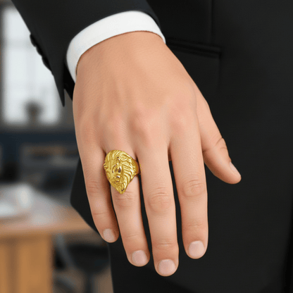 THE MEN THING Rings Royal Series - REGAL LION KING RING - Pure Stainless Steel Men’s Gold-Plated Ring – Statement Luxury Jewelry (Size :16-18-20-24-25-26-27-30-31 )