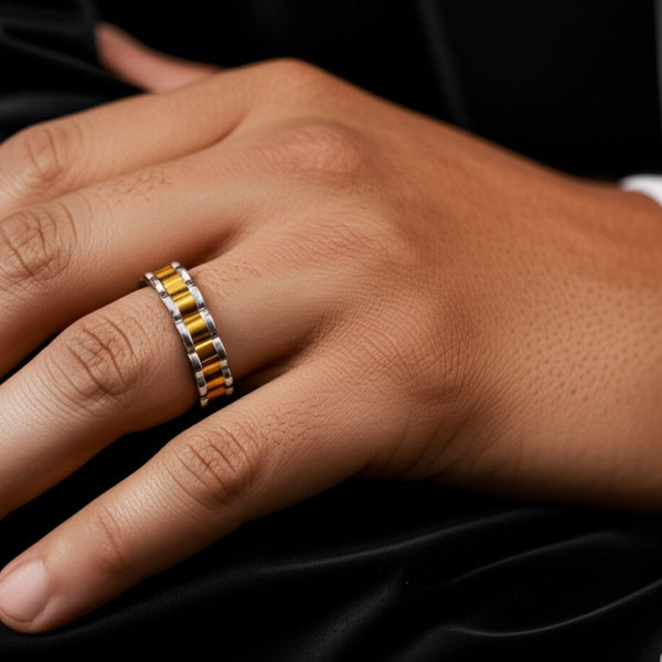 Royal Series - RIPPLE BAND RING - Pure Stainless Steel Men’s Steel-Gold-Plated Ring – Statement Luxury Jewelry (Size : 16-22-27)