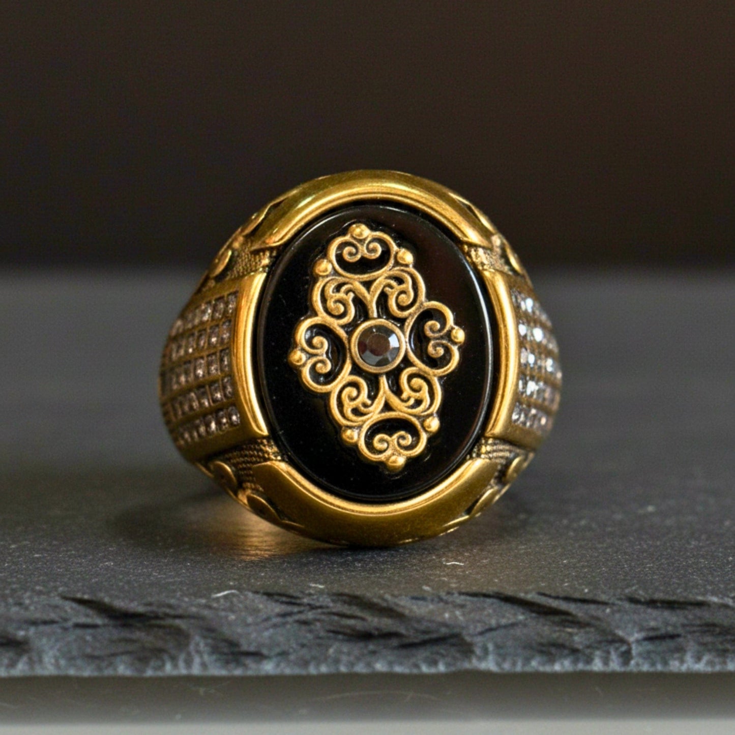 THE MEN THING Rings Royal Series - Royal Enigma RING - Pure Stainless Steel Men’s Gold-Plated Ring – Statement Luxury Jewelry (Size : 16-17-19-21-23-27)