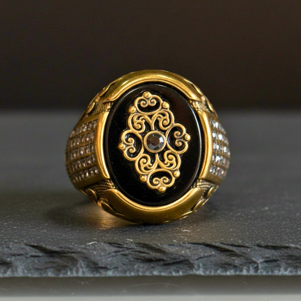 Royal Series - Royal Enigma RING - Pure Stainless Steel Men’s Gold-Plated Ring – Statement Luxury Jewelry (Size : 16-17-19-21-23-27)