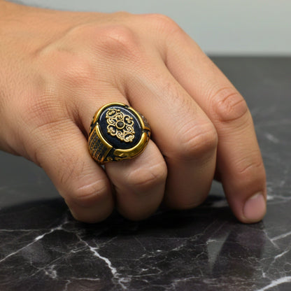 THE MEN THING Rings Royal Series - Royal Enigma RING - Pure Stainless Steel Men’s Gold-Plated Ring – Statement Luxury Jewelry (Size : 16-17-19-21-23-27)