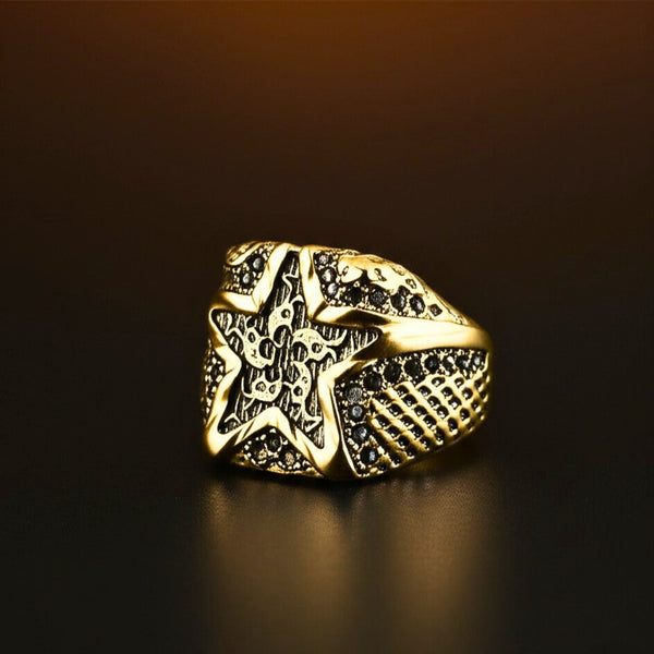 Royal Series - RUNIC ECLIPSE RING - Pure Stainless Steel Men’s Gold-Plated Ring – Statement Luxury Jewelry (Size : 19-22-24)