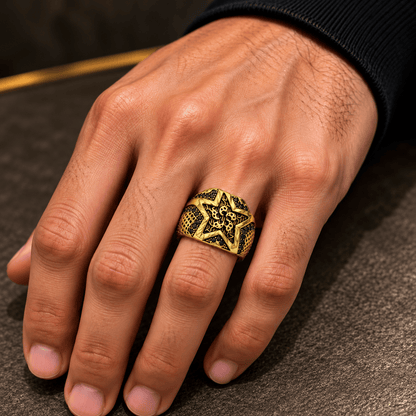 THE MEN THING Rings Royal Series - RUNIC ECLIPSE RING - Pure Stainless Steel Men’s Gold-Plated Ring – Statement Luxury Jewelry (Size : 19-22-24)