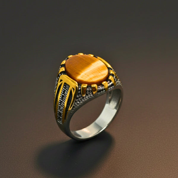 Royal Series - SOLARIS SIGNET - Pure Stainless Steel Men’s Gold-Plated Ring – Statement Luxury Jewelry (Size :15-16-17-20-21-22-26-27-28)