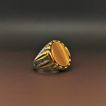 THE MEN THING Rings Royal Series - SOLARIS SIGNET - Pure Stainless Steel Men’s Gold-Plated Ring – Statement Luxury Jewelry (Size :15-16-17-20-21-22-26-27-28)