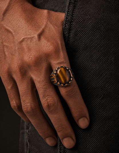 THE MEN THING Rings Royal Series - SOLARIS SIGNET - Pure Stainless Steel Men’s Gold-Plated Ring – Statement Luxury Jewelry (Size :15-16-17-20-21-22-26-27-28)