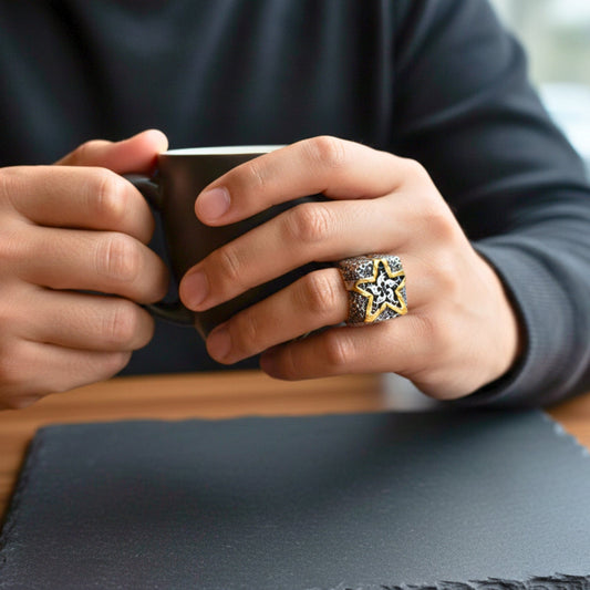 THE MEN THING Rings Royal Series - STARBOUND RELIC RING - Pure Stainless Steel Men’s Steel-Gold-Plated Ring – Statement Luxury Jewelry (Size : 16-21-24-25-26)