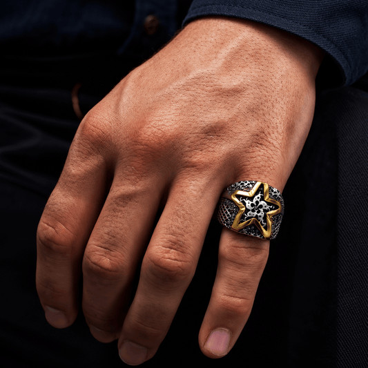 THE MEN THING Rings Royal Series - STARBOUND RELIC RING - Pure Stainless Steel Men’s Steel-Gold-Plated Ring – Statement Luxury Jewelry (Size : 16-21-24-25-26)