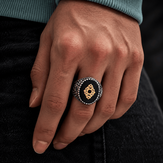 THE MEN THING Rings Royal Series - STEEL ELITE CREST RING - Pure Stainless Steel Men’s Steel-Gold-Plated Ring – Statement Luxury Jewelry (Size : 17-19-20-22-27)