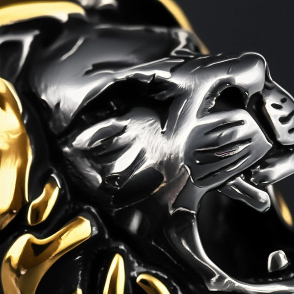 Royal Series - THE KING ROAR RING - Pure Stainless Steel Men’s Steel-Gold-Plated Ring – Statement Luxury Jewelry (Size : 19-22-25)