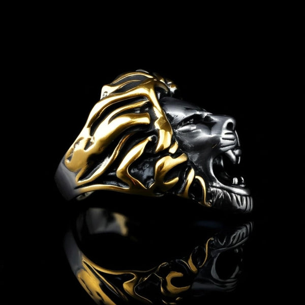 Royal Series - THE KING ROAR RING - Pure Stainless Steel Men’s Steel-Gold-Plated Ring – Statement Luxury Jewelry (Size : 19-22-25)
