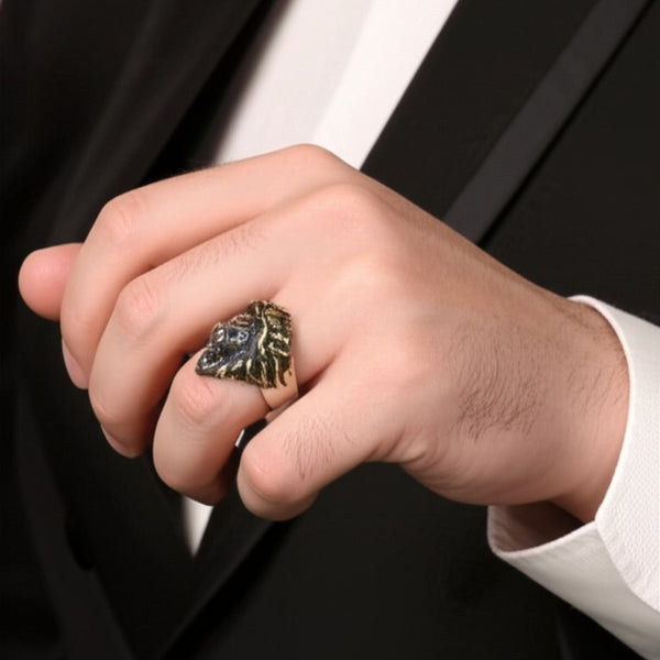 Royal Series - THE KING ROAR RING - Pure Stainless Steel Men’s Steel-Gold-Plated Ring – Statement Luxury Jewelry (Size : 19-22-25)