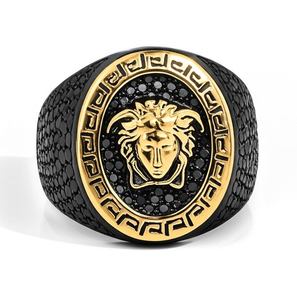 Royal Series - TITAN’S GAZE RING - Pure Stainless Steel Men’s Black-Gold-Plated Ring – Statement Luxury Jewelry (Size : 19-22-24)