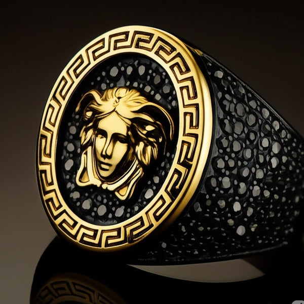 Royal Series - TITAN’S GAZE RING - Pure Stainless Steel Men’s Black-Gold-Plated Ring – Statement Luxury Jewelry (Size : 19-22-24)