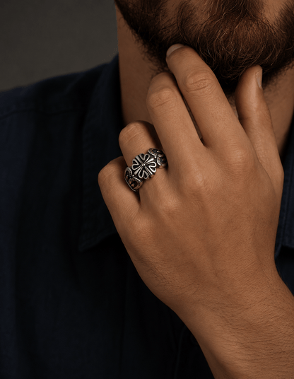 THE MEN THING Rings Royal Series - TRIBAL CROSS EMBLEM RING - Pure Stainless Steel Men’s Steel-Plated Ring – Statement Luxury Jewelry (Size :15-16-18-21-24-25-27-30-31)