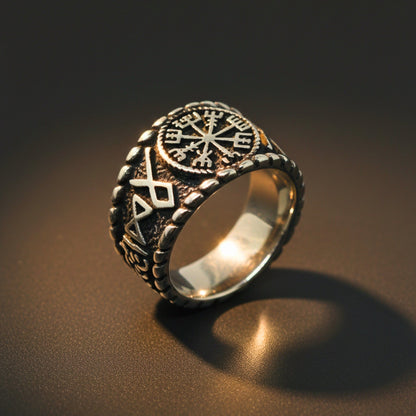 THE MEN THING Rings Royal Series - VEGVISIR GUARDIAN RING - Pure Stainless Steel Men’s Steel-Plated Ring – Statement Luxury Jewelry (Size : 16-18-21-23-28-31)