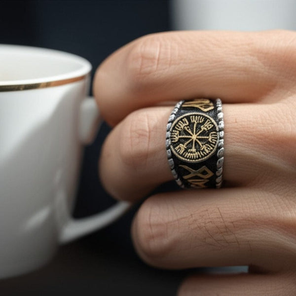 Royal Series - VEGVISIR VALOR RING - Pure Stainless Steel Men’s Steel-Gold-Plated Ring – Statement Luxury Jewelry (Size : 19-22-25-27)
