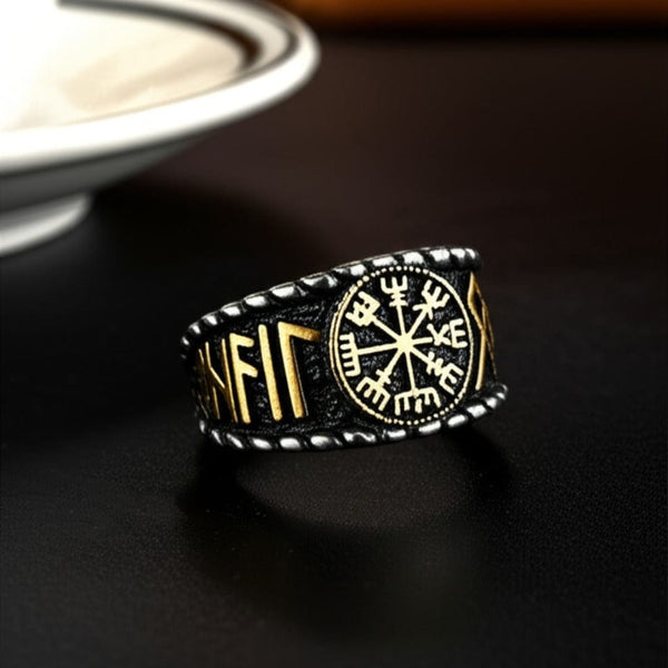 Royal Series - VEGVISIR VALOR RING - Pure Stainless Steel Men’s Steel-Gold-Plated Ring – Statement Luxury Jewelry (Size : 19-22-25-27)