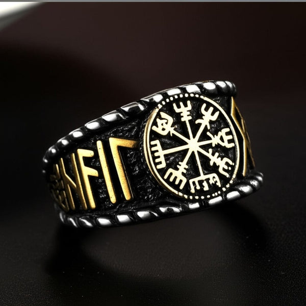 Royal Series - VEGVISIR VALOR RING - Pure Stainless Steel Men’s Steel-Gold-Plated Ring – Statement Luxury Jewelry (Size : 19-22-25-27)