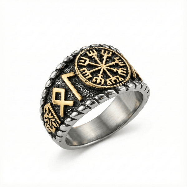 Royal Series - VEGVISIR VALOR RING - Pure Stainless Steel Men’s Steel-Gold-Plated Ring – Statement Luxury Jewelry (Size : 19-22-25-27)