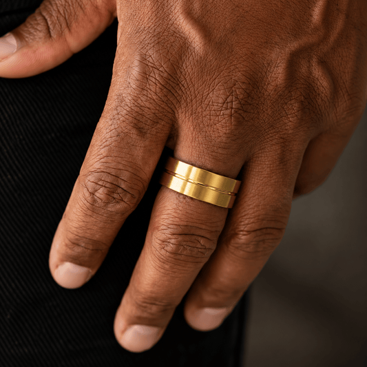 THE MEN THING Rings ROYAL TWINLINE GOLD RING - Pure Stainless Steel Men’s Gold Plated Ring (Size : 17-22-27)