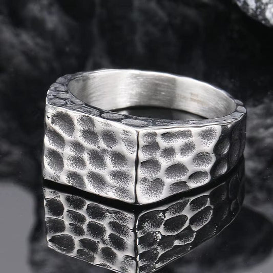 THE MEN THING Rings STERLING SILVER SQUARE HAMMERED RING - Silver Steel Ring - Pure Titanium Steel Ring for Men Size - 21