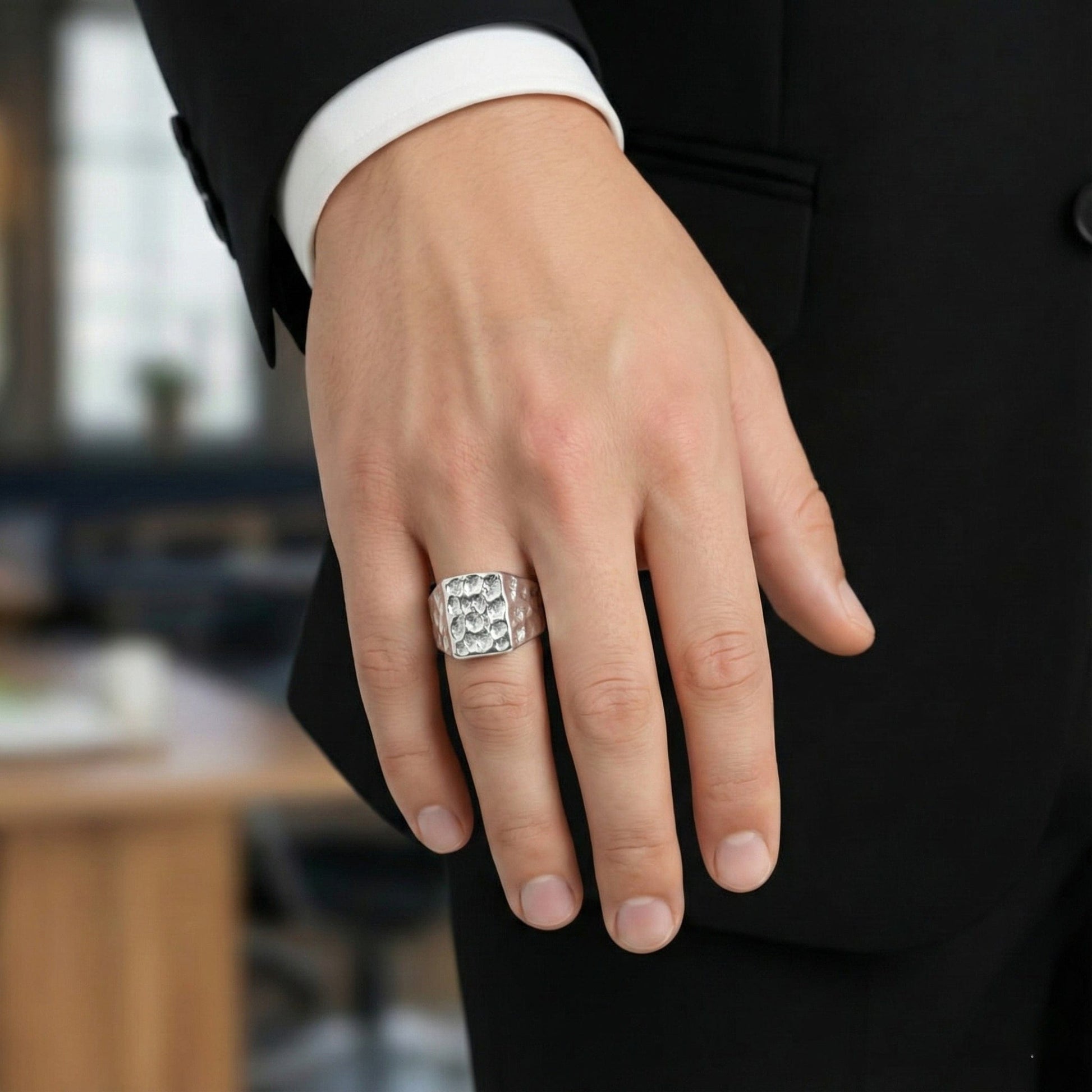 THE MEN THING Rings STERLING SILVER SQUARE HAMMERED RING - Silver Steel Ring - Pure Titanium Steel Ring for Men Size - 21