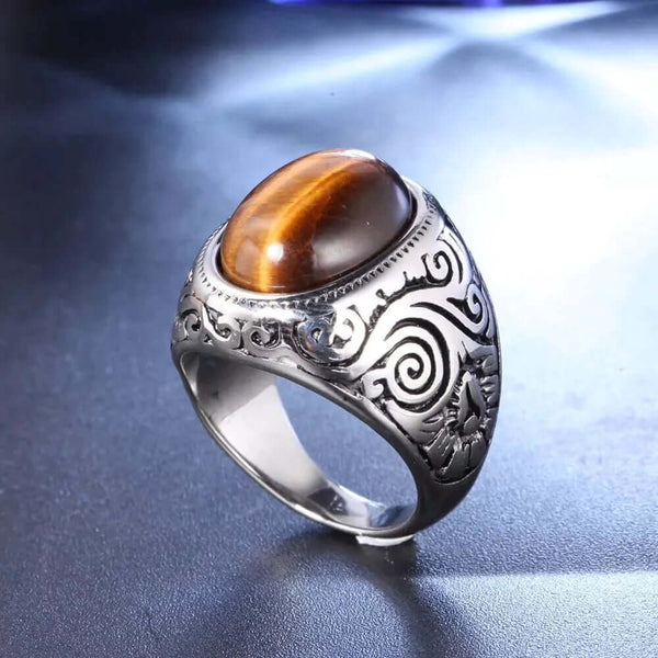 टाइगर आई ब्राउन - पुरुषों के लिए विंटेज टाइगर आई स्टोन रिंग | शुद्ध टाइटेनियम स्टील रिंग ज्वेलरी (साइज़ - 17-21- 24)