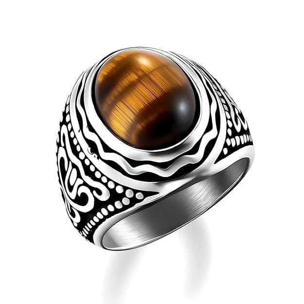 THE MEN THING Rings TIGER EYE BROWN - Vintage Tiger Eye Stone Rings for Men  | Pure Titanium Steel Ring Jewellery (Size - 17-21- 24)