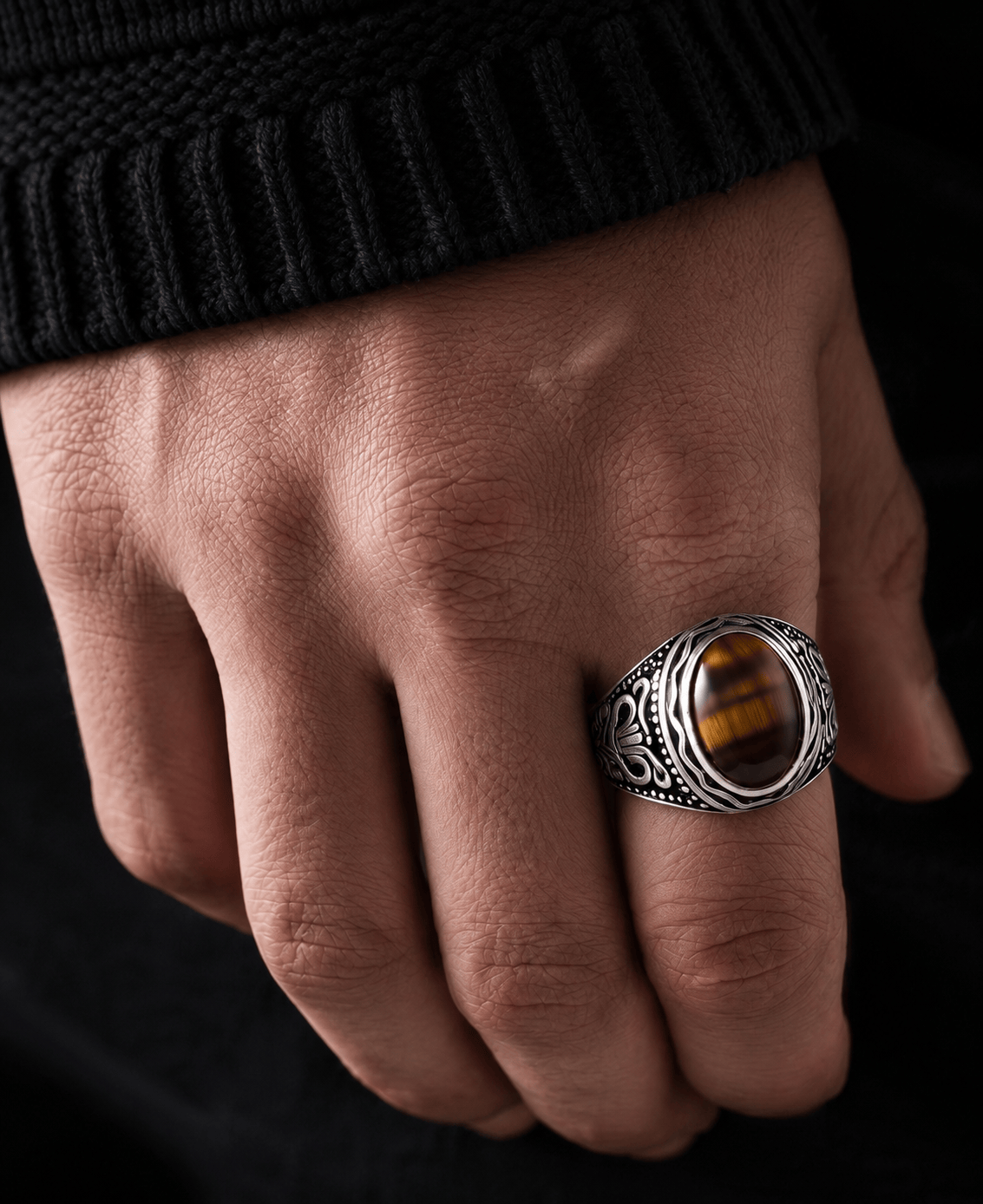 THE MEN THING Rings TIGER EYE BROWN - Vintage Tiger Eye Stone Rings for Men  | Pure Titanium Steel Ring Jewellery (Size - 17-21- 24)