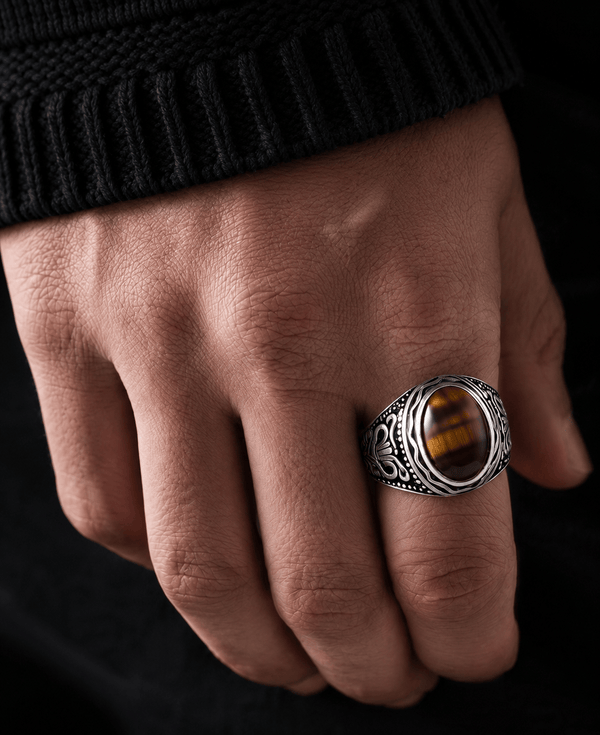 TIGER EYE BROWN - Vintage Tiger Eye Stone Rings for Men  | Pure Titanium Steel Ring Jewellery (Size - 17-21- 24)