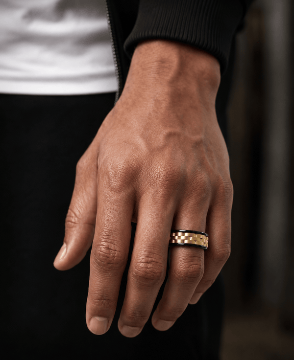 TITAN GRID GOLD  - Pure Stainless Steel Men’s Black-Gold Plated Ring (Size : 17-22-27)