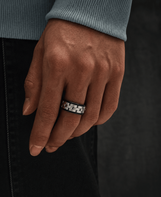 THE MEN THING Rings TITAN GRID RING - Pure Stainless Steel Men’s Steel-Black-Plated Ring (Size : 17-22-27)