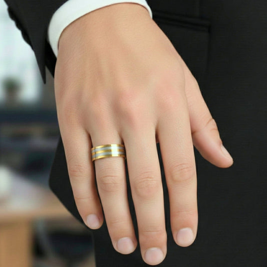 THE MEN THING Rings TRIPLE STRIPE  - Pure Stainless Steel Men’s Steel-Gold Plated Ring (Size : 17-22-27)
