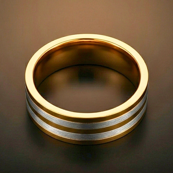 TRIPLE STRIPE  - Pure Stainless Steel Men’s Steel-Gold Plated Ring (Size : 17-22-27)