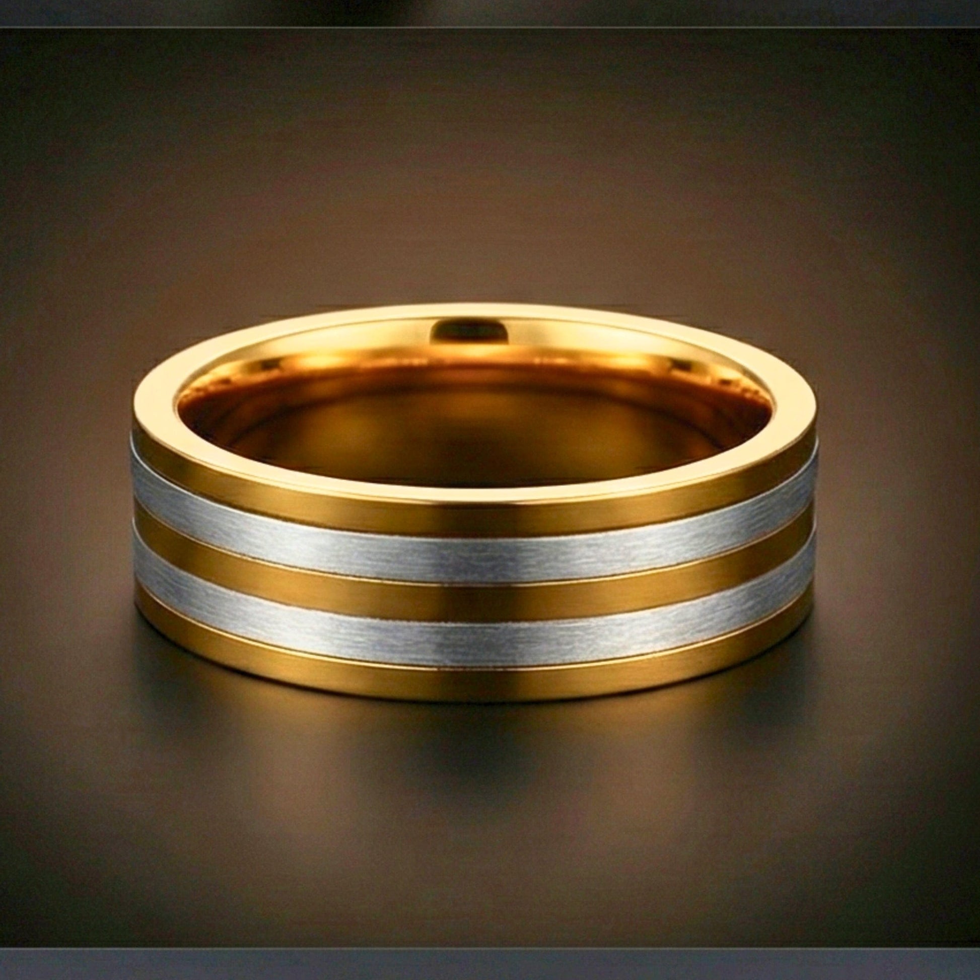 THE MEN THING Rings TRIPLE STRIPE  - Pure Stainless Steel Men’s Steel-Gold Plated Ring (Size : 17-22-27)