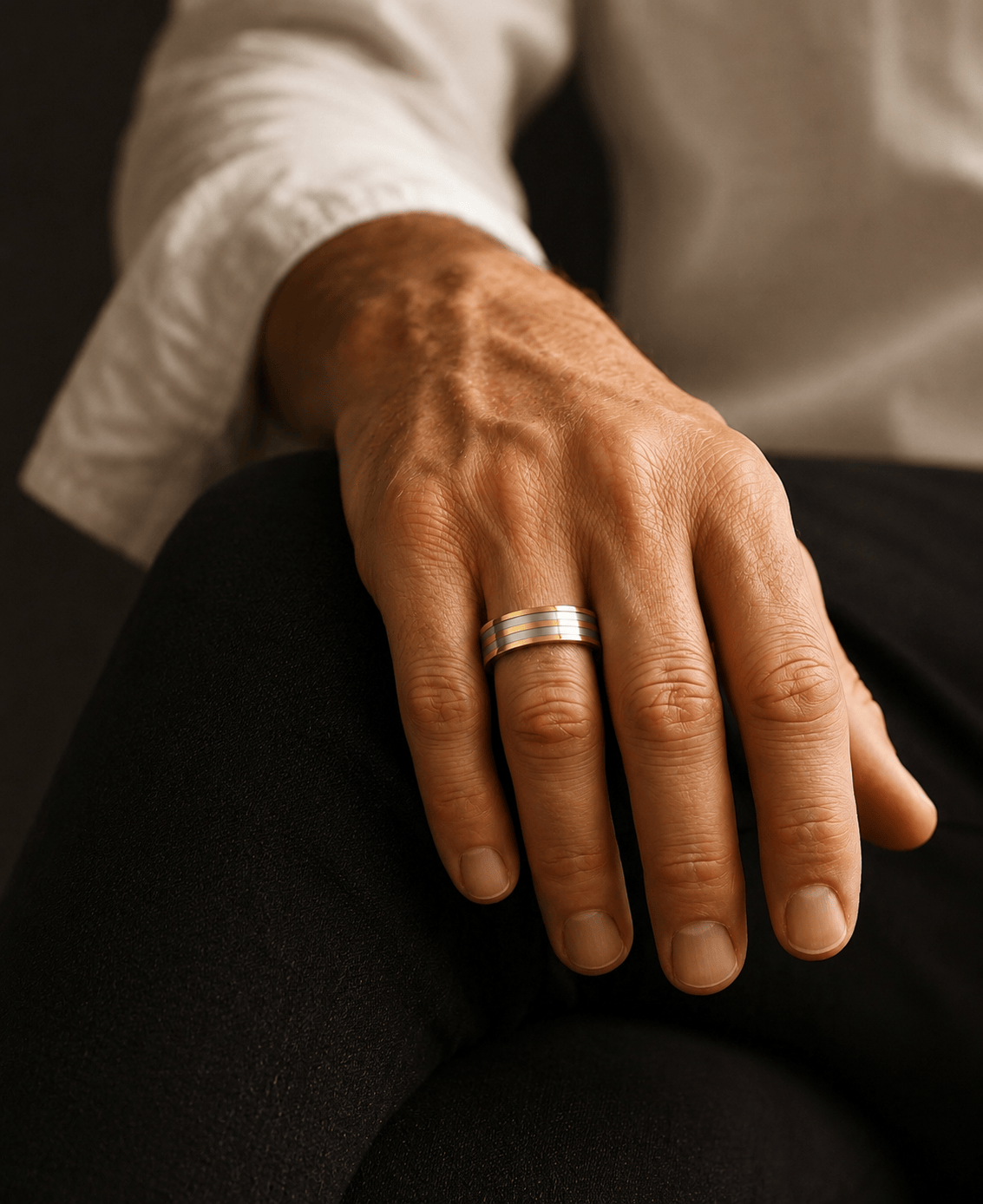 THE MEN THING Rings TRIPLE STRIPE  - Pure Stainless Steel Men’s Steel-Gold Plated Ring (Size : 17-22-27)