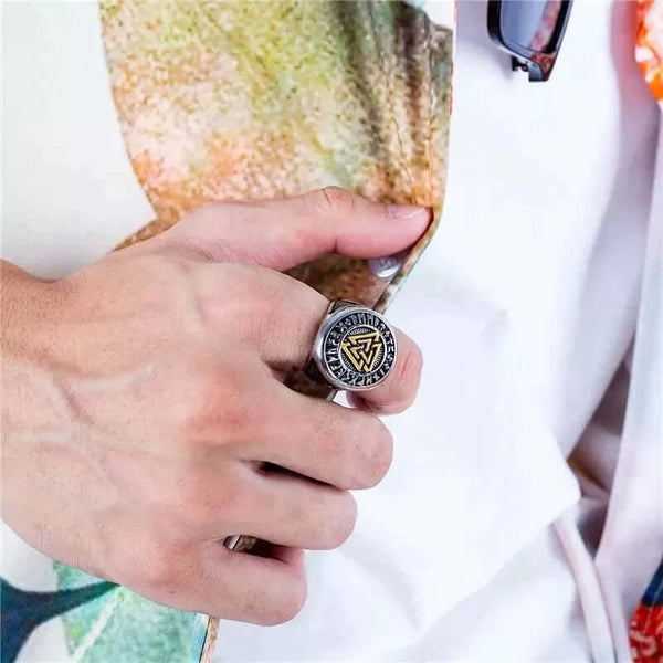 TRIVALK - Norse-Inspired Titanium Steel Ring with Rune & Valknut Symbol - Viking Style
