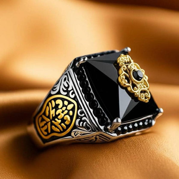 TURKISH SIGNET -  Vintage Ethnic Hand-carved Black Onyx  Titanium  Steel Rings for Men and Boys (Size : 21)