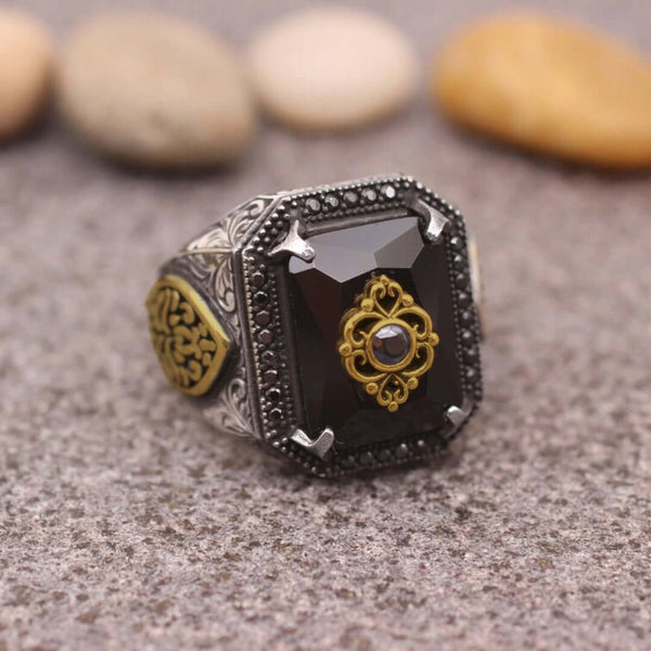 TURKISH SIGNET -  Vintage Ethnic Hand-carved Black Onyx  Titanium  Steel Rings for Men and Boys (Size : 21)