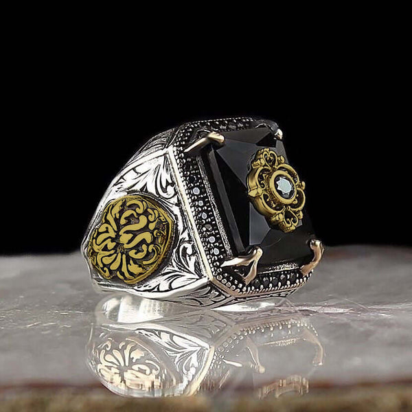 TURKISH SIGNET -  Vintage Ethnic Hand-carved Black Onyx  Titanium  Steel Rings for Men and Boys (Size : 21)