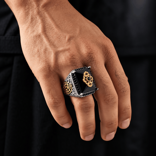 THE MEN THING Rings TURKISH SIGNET -  Vintage Ethnic Hand-carved Black Onyx  Titanium  Steel Rings for Men and Boys (Size : 21)