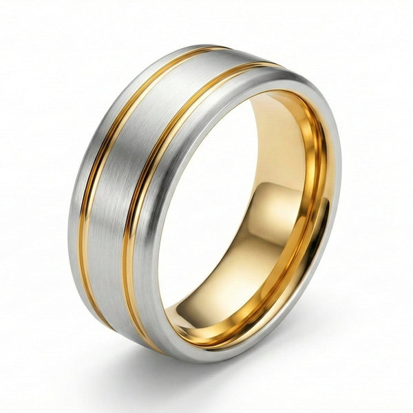 TWIN GROOVE - Pure Stainless Steel Men’s Gold - Steel-Plated Ring (Size : 17-22-27)