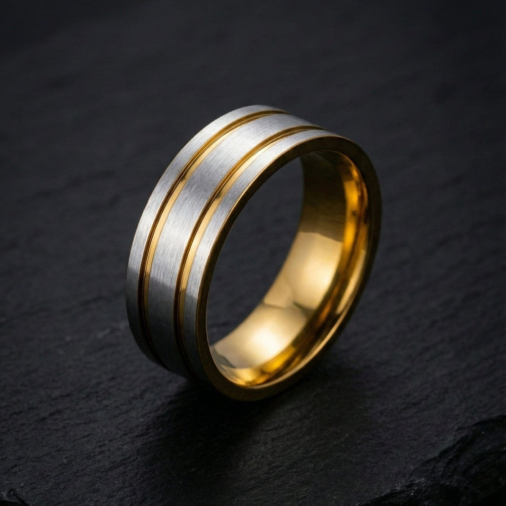 THE MEN THING Rings TWIN GROOVE - Pure Stainless Steel Men’s Gold - Steel-Plated Ring (Size : 17-22-27)