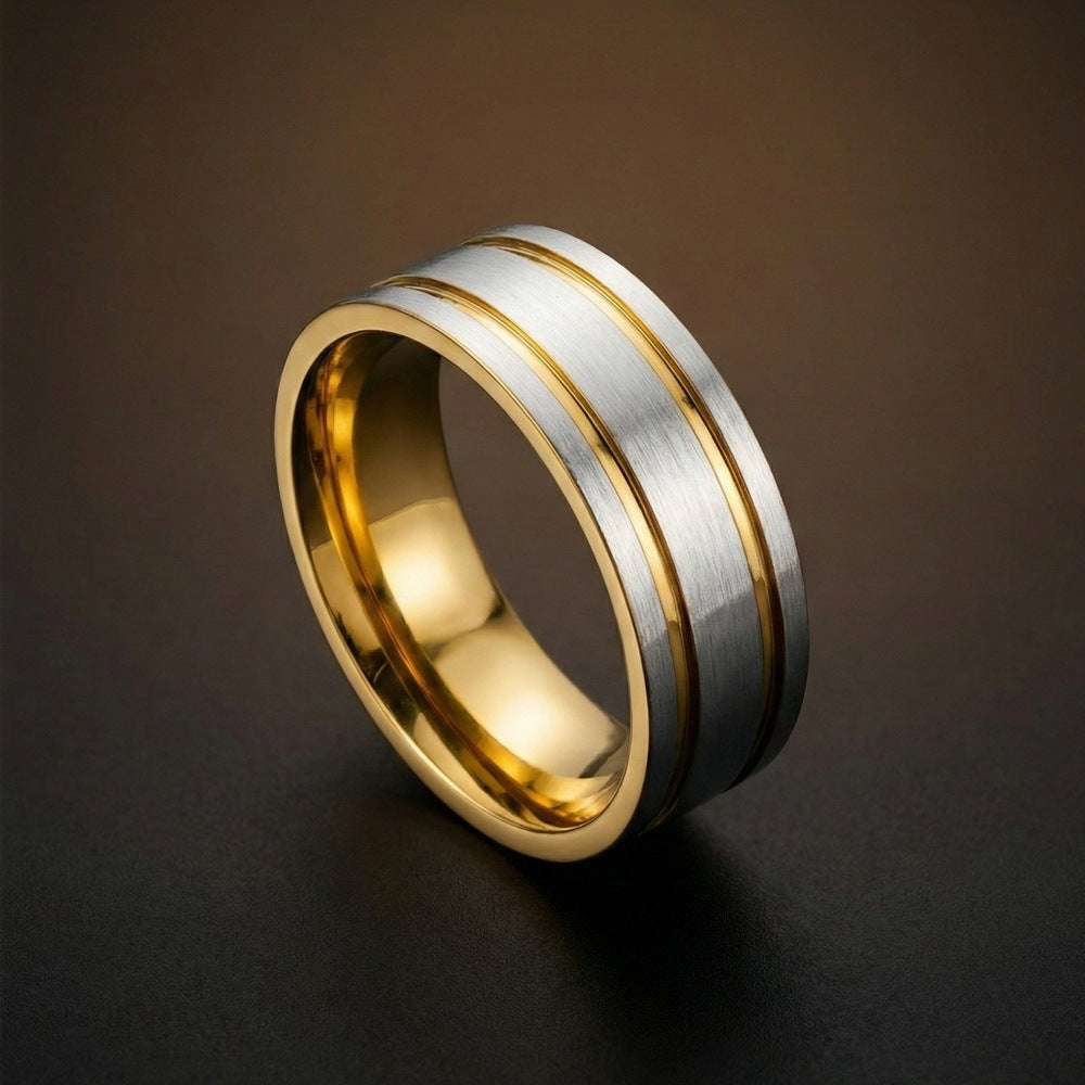 THE MEN THING Rings TWIN GROOVE - Pure Stainless Steel Men’s Gold - Steel-Plated Ring (Size : 17-22-27)